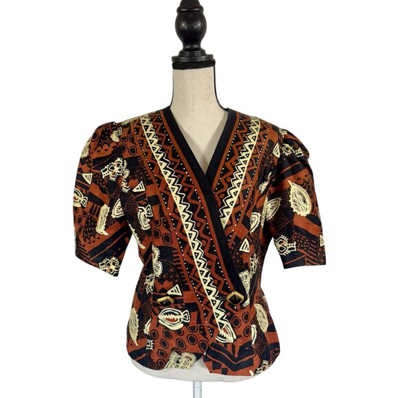 VTG Rickie Freeman Terri Jon SAKS Crop Wrap Jacket Tribal Geometric Linen Size 8 - Picture 1 of 5